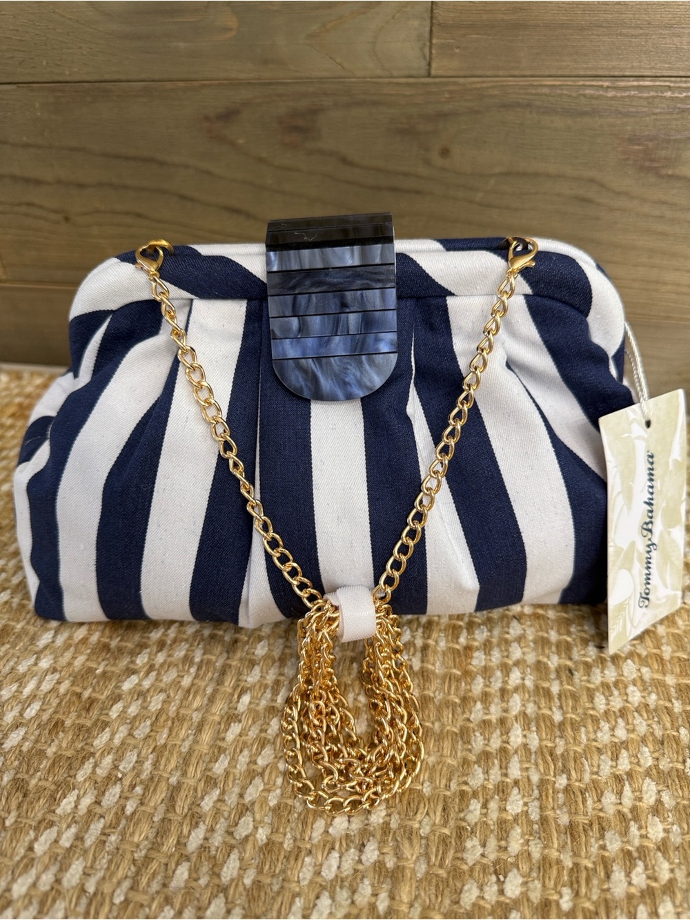 TOMMY BAHAMA Striped Navy and White Clutch/Crossbody w Gold Chain & Hair Clip